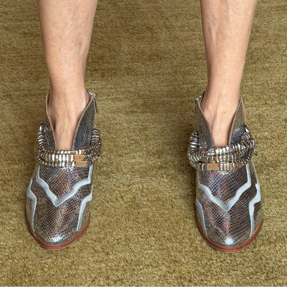 Metallic Snake-Print Ankle Booties with Chain Strap - Multicolor
